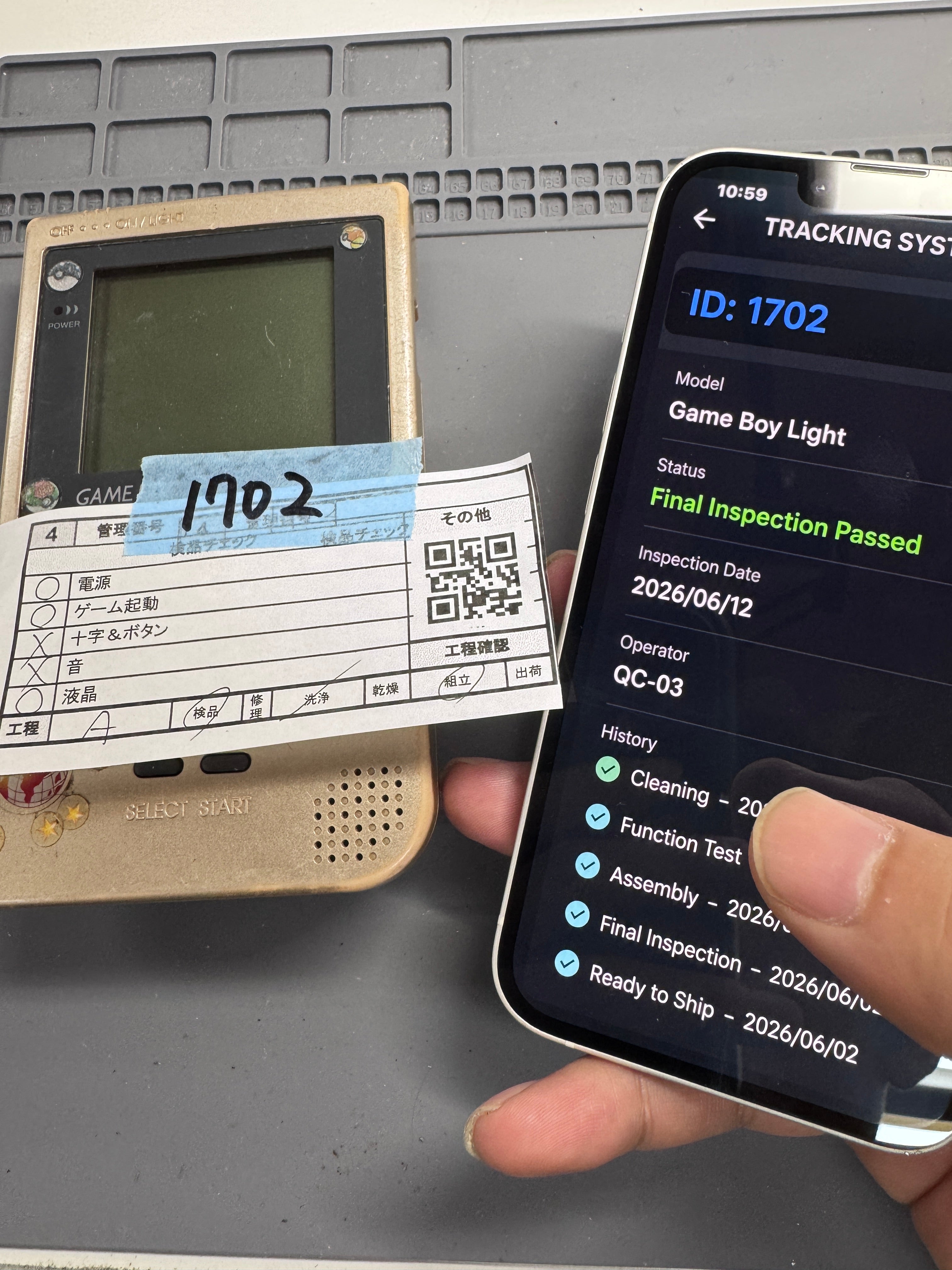 Internal QC tracking system — each unit labeled and logged before shipment